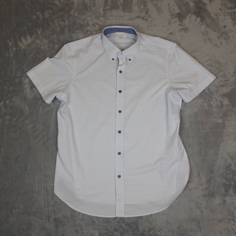 CON.STRUCT Button Up Shirt Mens Large White Blue Polka Dot Slim Fit Stretch
